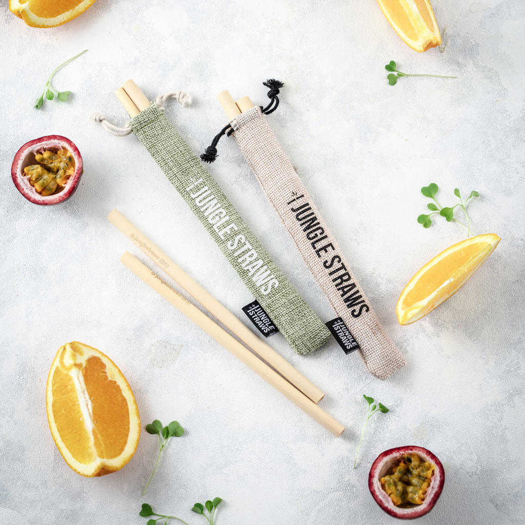 Jungle Straws: Reusable Bamboo Drinking Straws with Natural Hessian Carry Case (Set of 12)
