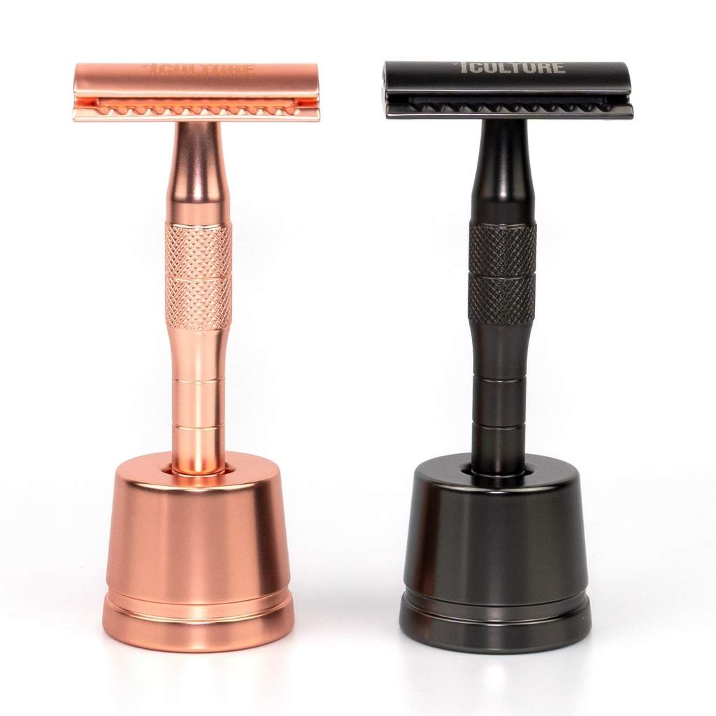 black and gold razors with stands