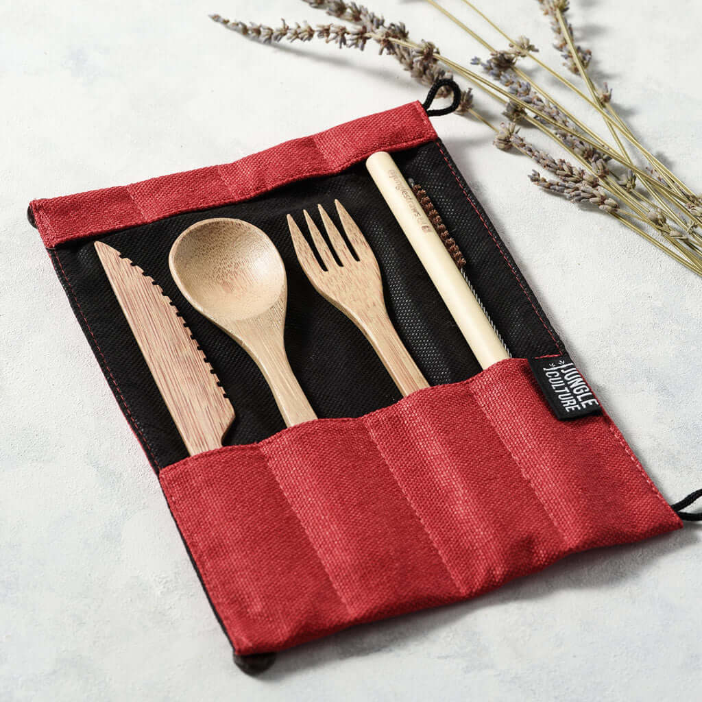 Bamboo Cutlery Set (Green bag)