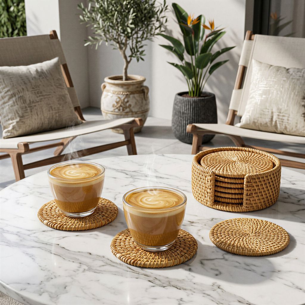 Round artisan rattan drink coasters handmade in Vietnam