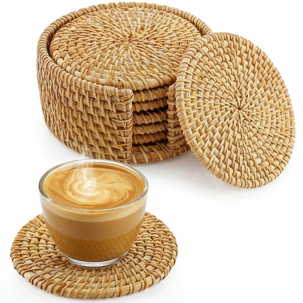 Handwoven natural rattan coaster set with matching storage holder