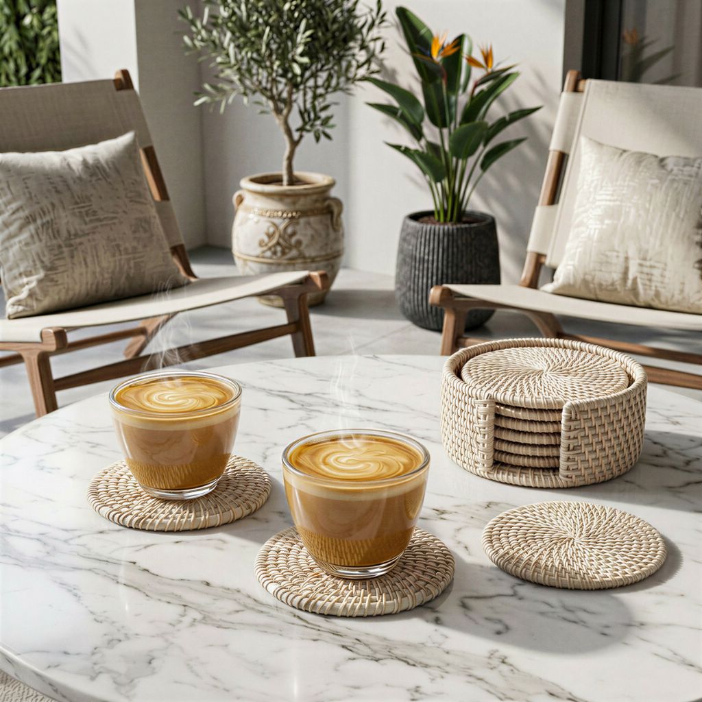 Artisan white rattan drink coasters handmade for modern and coastal homes