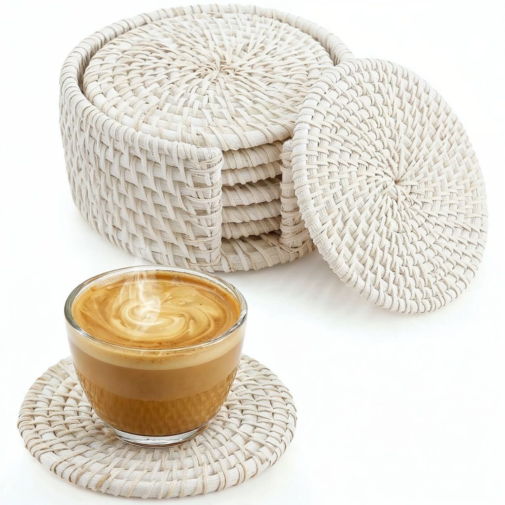 White handwoven rattan coaster set with matching storage holder