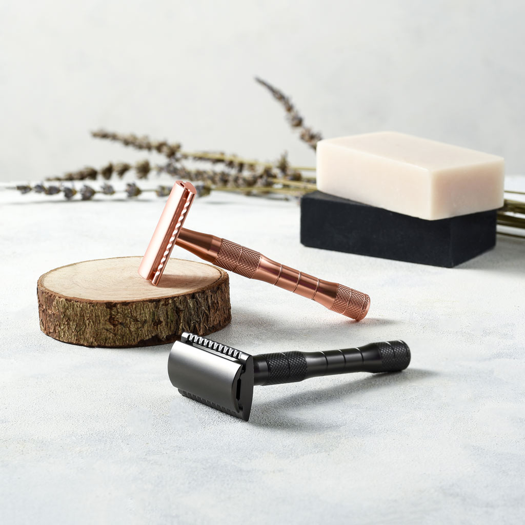 rose gold and black reusable razors